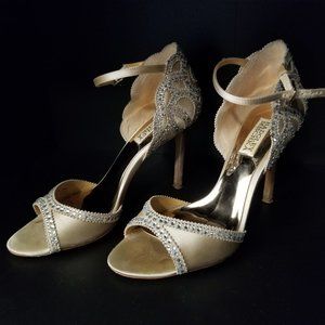 Badgley Mischka, "Roxy" Strap Rhinestone Nude Heels